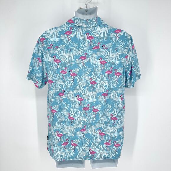 Margaritaville Mens Button Front Shirt Sz S Flamingo Palm Hawaii Aloha Blue Pink - Picture 5 of 8